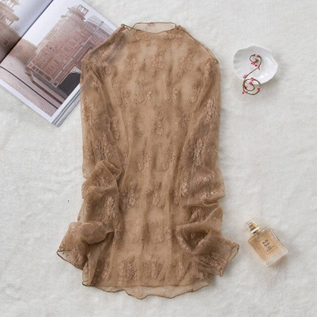 New Transparent Korean Loose Women Lace Blouse 3 Colors Female Bottoming Blouses S-3XL Size Cheaper Tops Kawaii T Shirt